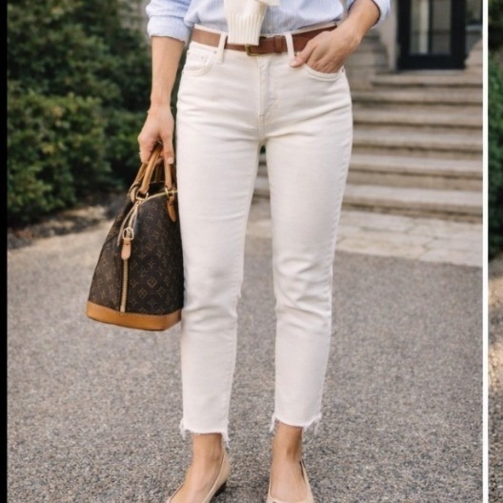 FRAME Le Skinny de Jeanne Cream Cropped High Waist Raw Hem Jeans Size‎ 26